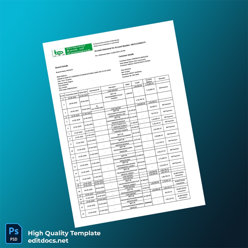 India Oriental Bank of Commerce Bank Statement Template in Word and PDF formats