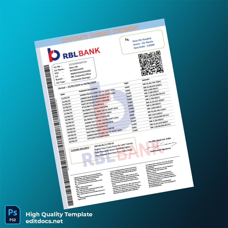 India RBL Bank Statement Template in Word and PDF formats