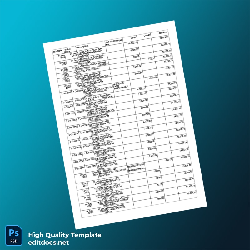 India Reserve Bank Of India Bank Statement Template in Word and PDF formats page 2