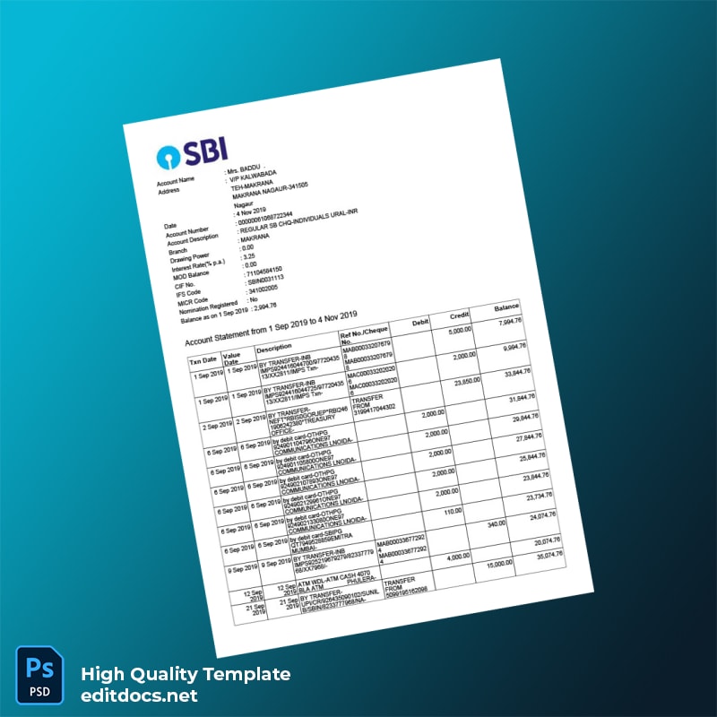 India Reserve Bank Of India Bank Statement Template in Word and PDF formats