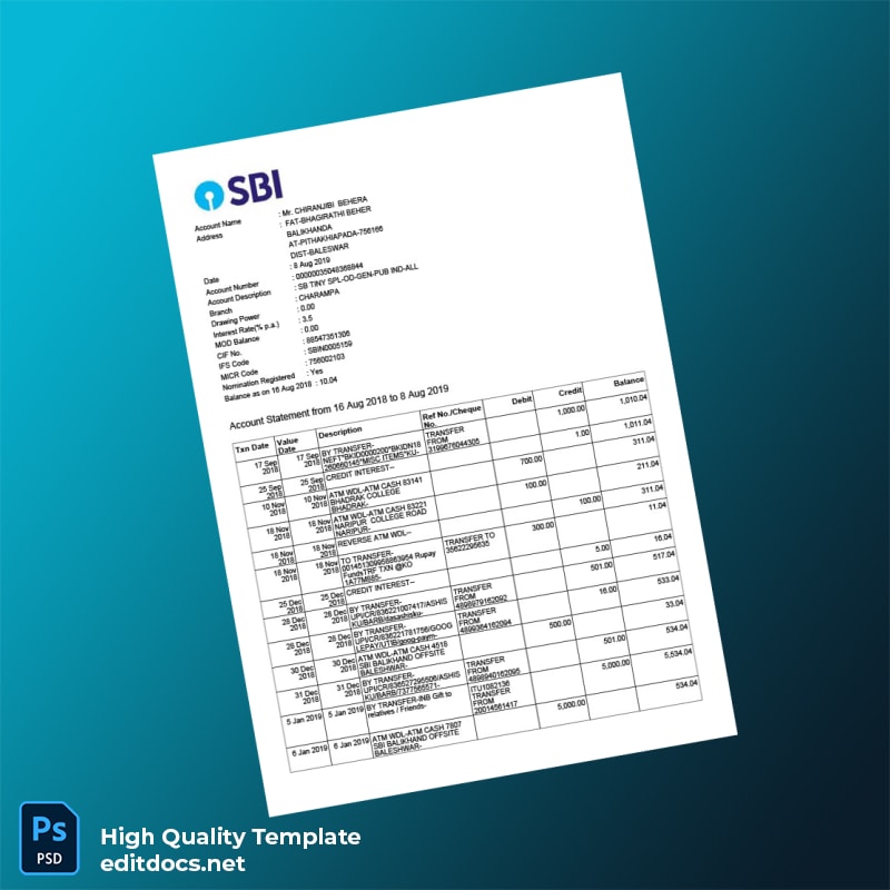 India SBI Bank Statement Template in Word and PDF formats