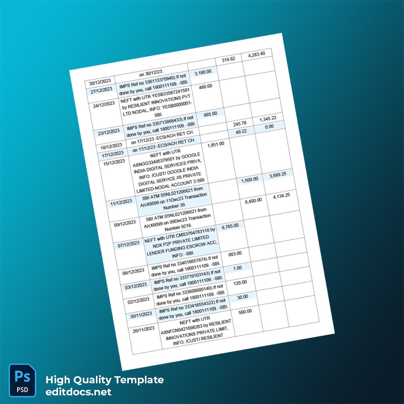 India State Bank of India Bank Statement Template in Word and PDF formats page 3