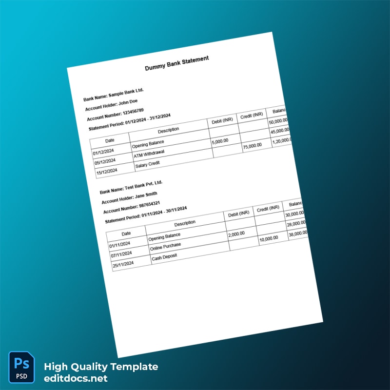 India Test Bank Pvt Ltd Statement Template in Word and PDF formats