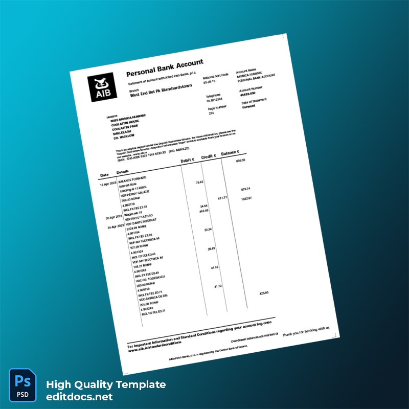 Ireland Allied Irish Banks Bank Statement Template in Word and PDF formats page 2