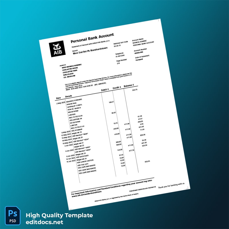Ireland Allied Irish Banks Bank Statement Template in Word and PDF formats page 4