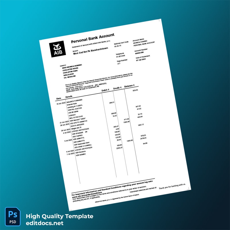 Ireland Allied Irish Banks Bank Statement Template in Word and PDF formats page 5
