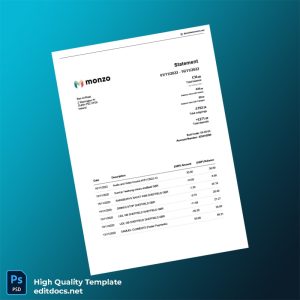 Ireland Monzo Bank Statement Template in Word and PDF formats