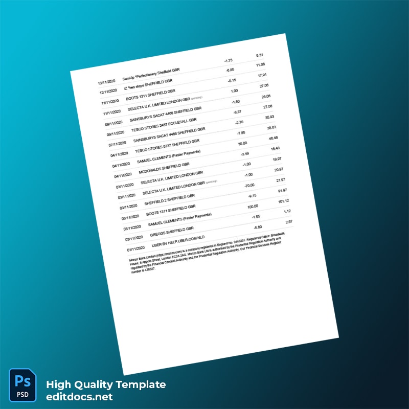 Ireland Monzo Bank Statement Template in Word and PDF formats page 2