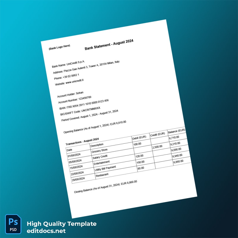 Italy Unicredit Bank Statement Template in Word and PDF formats