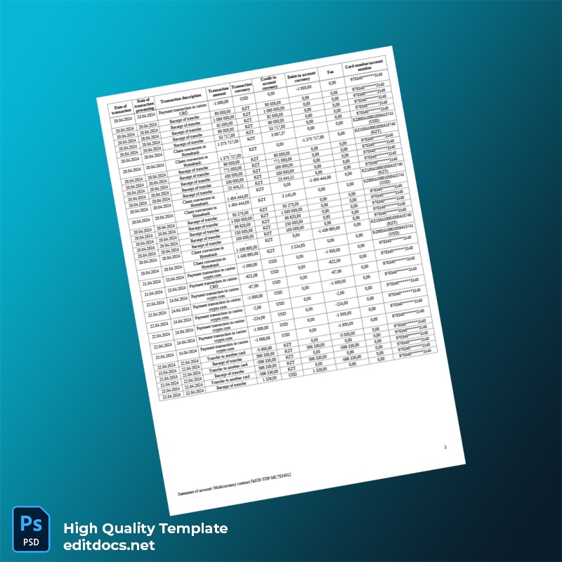 Kazakhstan Halyk Bank Credit Card Statement Template in Word and PDF formats page 3