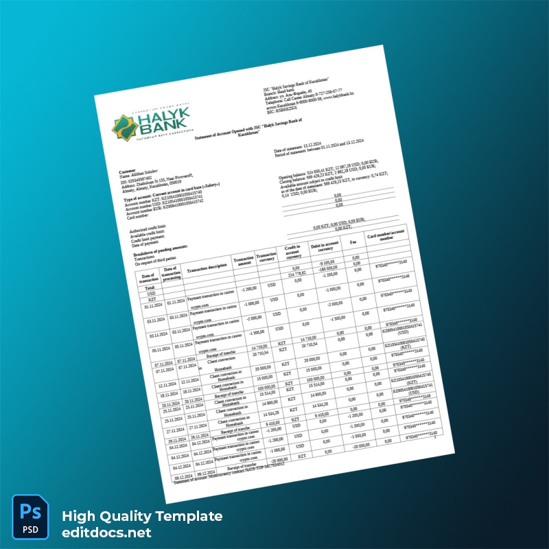 Kazakhstan Halyk Bank Credit Card Statement Template in Word and PDF formats