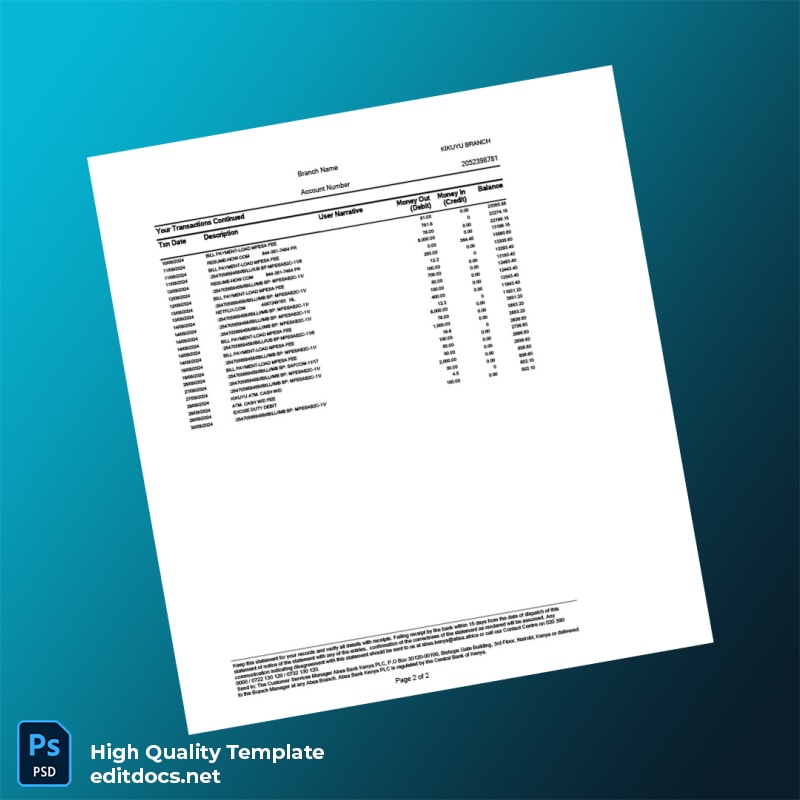Kenya Absa Bank Statement Template in Word and PDF formats page 2