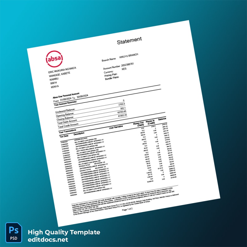 Kenya Absa Bank Statement Template in Word and PDF formats