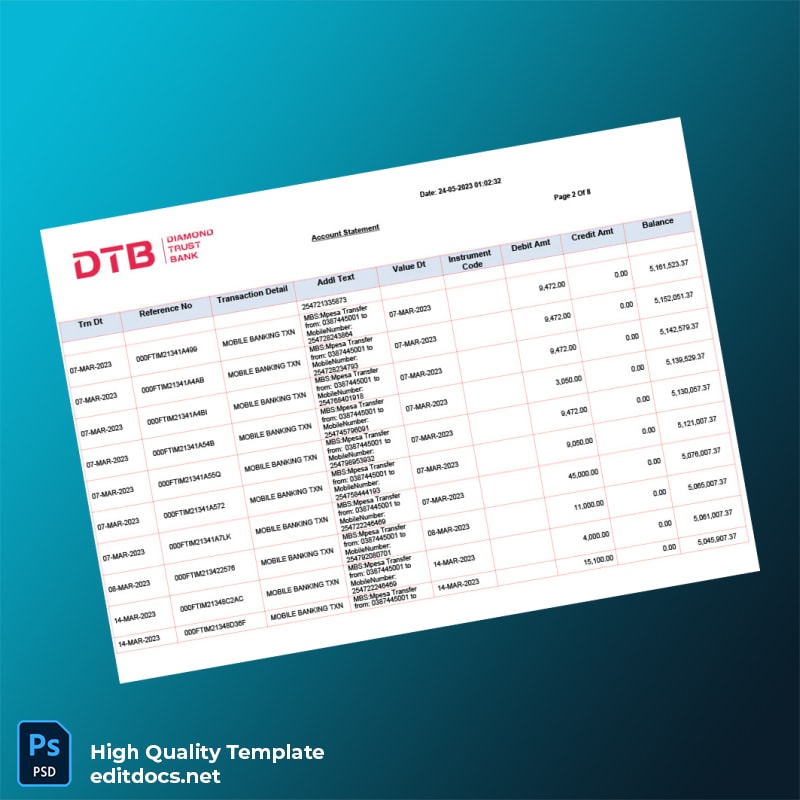 Kenya DTB Bank Statement Template in Word and PDF formats page 2