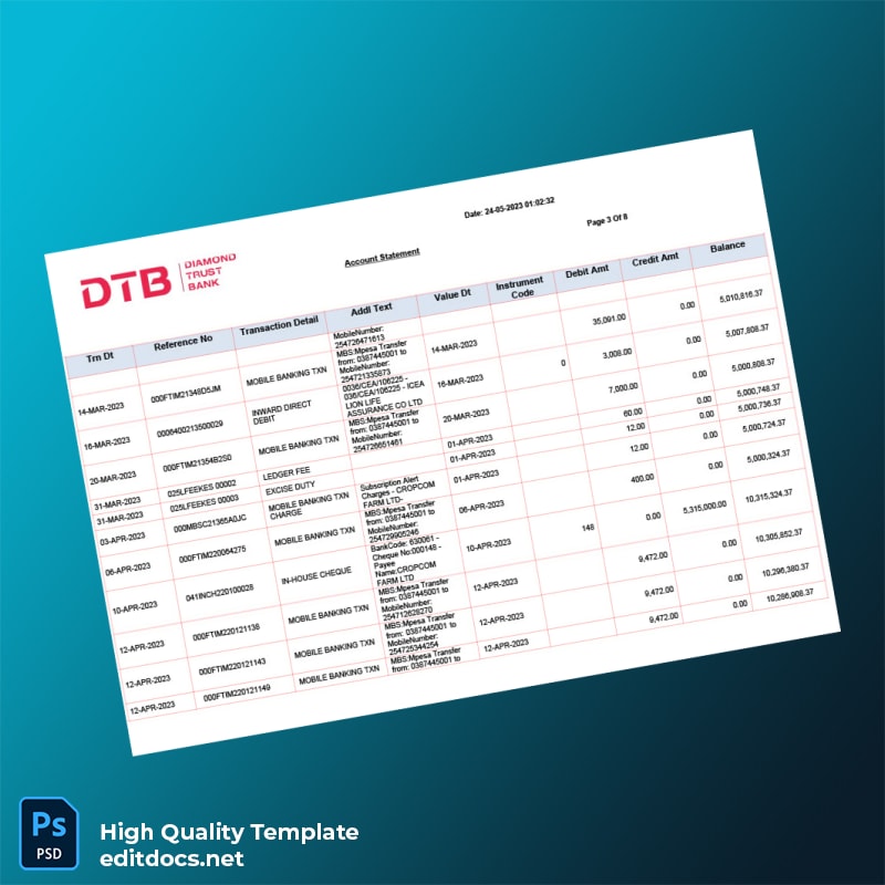 Kenya DTB Bank Statement Template in Word and PDF formats page 3