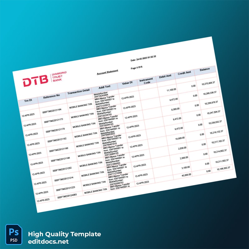 Kenya DTB Bank Statement Template in Word and PDF formats page 4