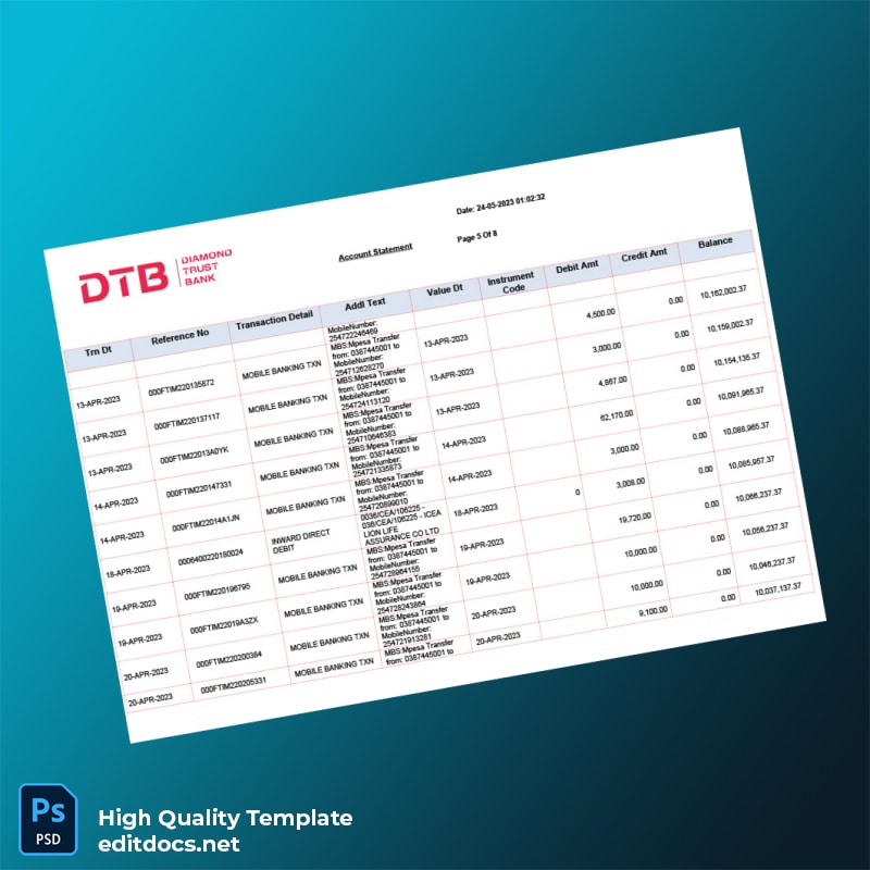 Kenya DTB Bank Statement Template in Word and PDF formats page 5