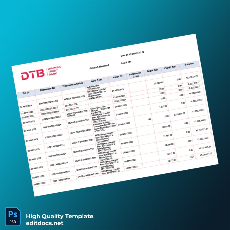 Kenya DTB Bank Statement Template in Word and PDF formats page 6
