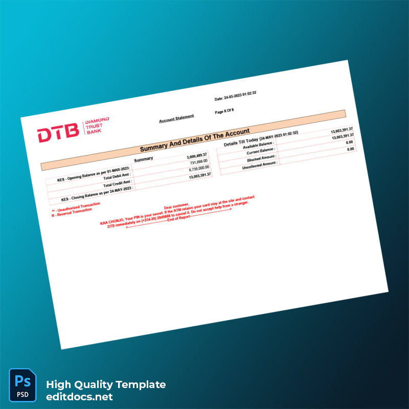 Kenya DTB Bank Statement Template in Word and PDF formats page 8