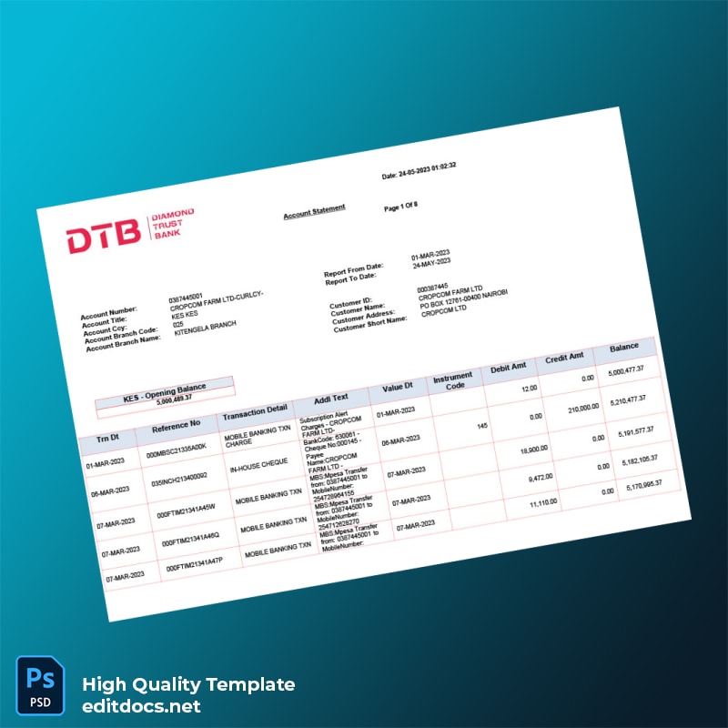 Kenya DTB Bank Statement Template in Word and PDF formats