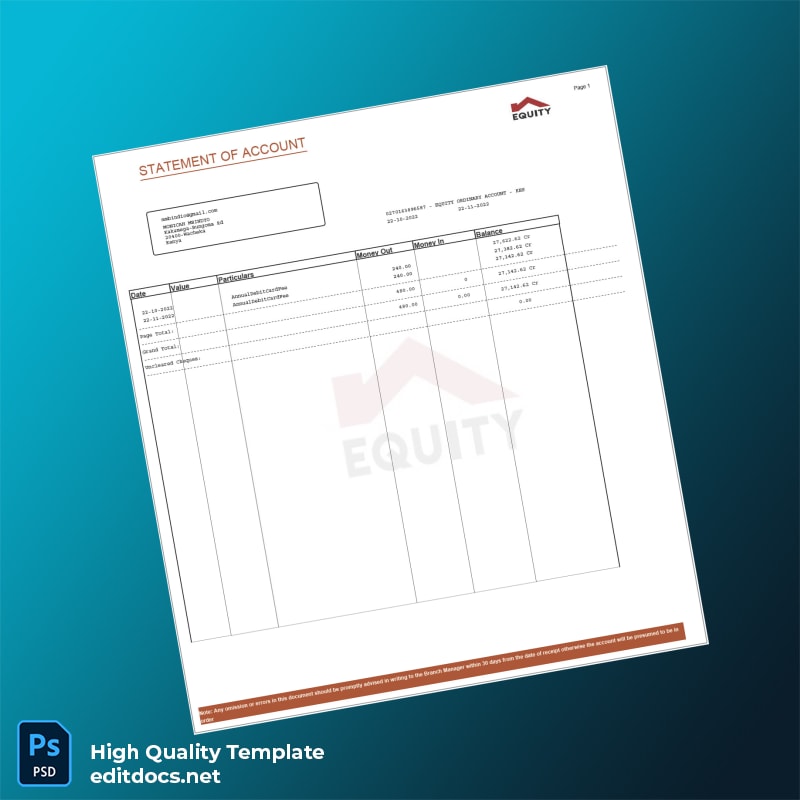 Kenya Equity Bank Statement Template in Word and PDF formats