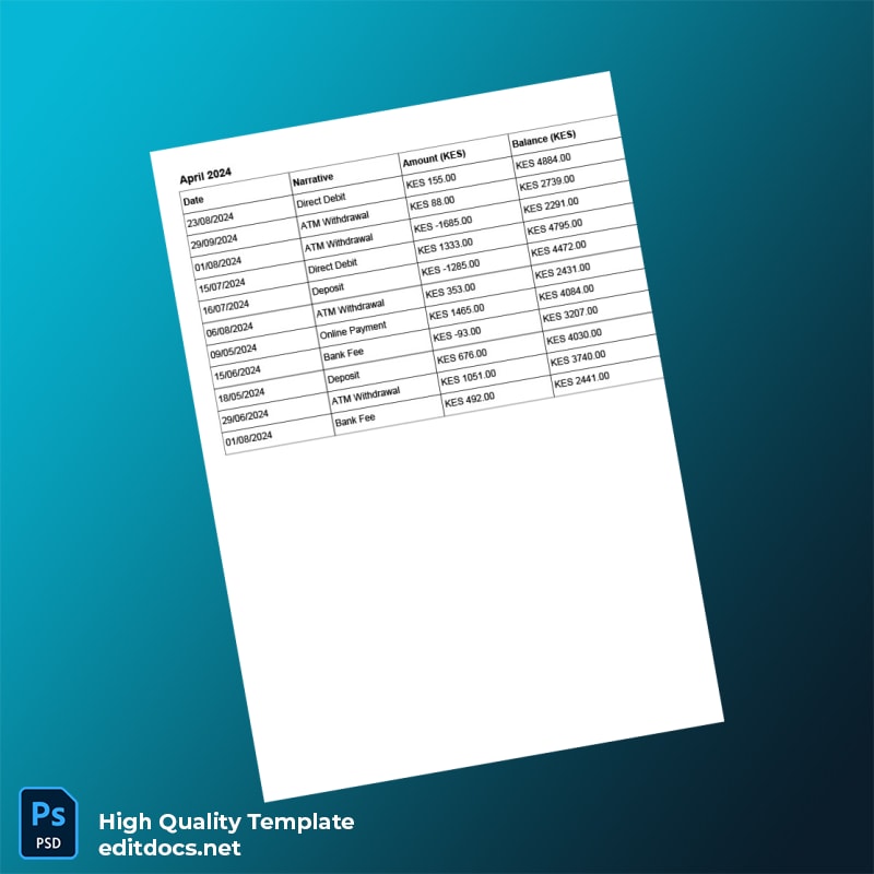 Kenya Kenya National Bank Bank Statement Template in Word and PDF formats page 2