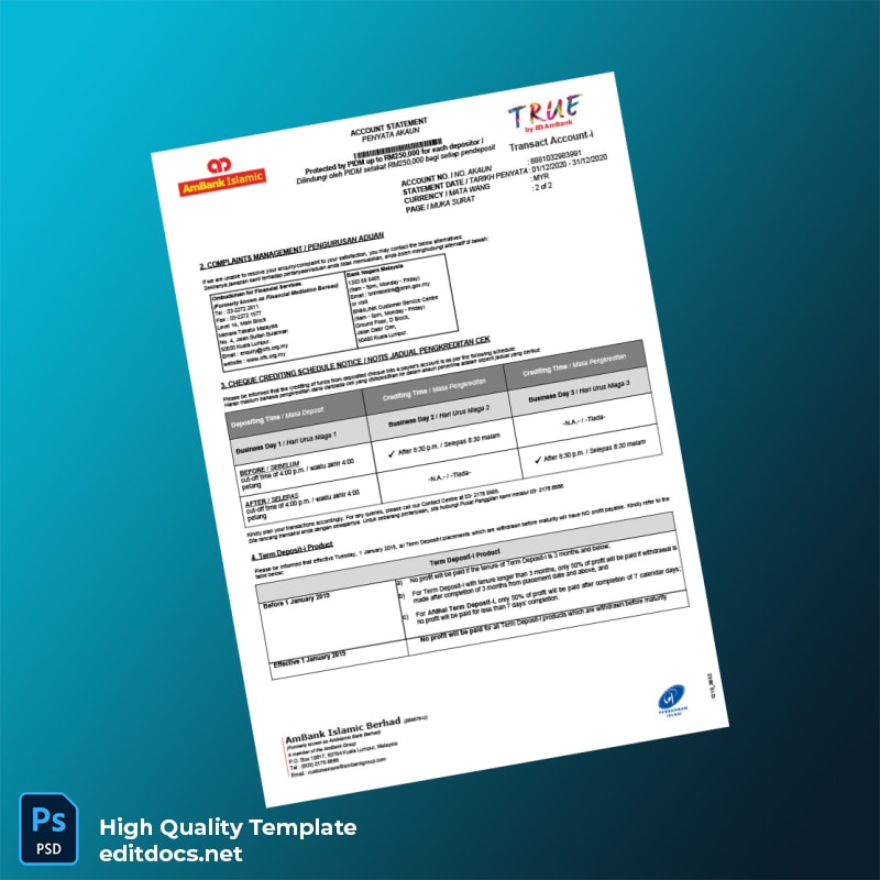 Malaysia AmBank E-Statement Template in Word and PDF formats page 2
