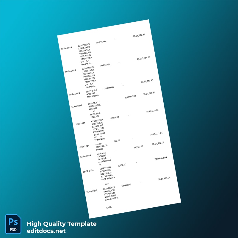 Nepal PTR Bank Statement Template in Word and PDF formats page 2