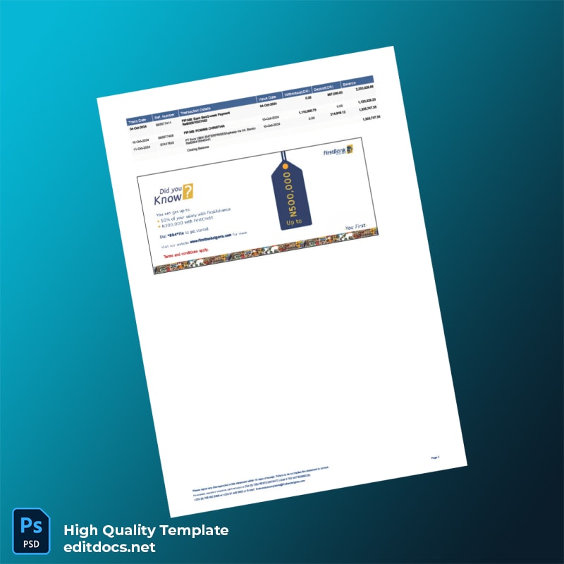 Nigeria FirstBank Statement Template in Word and PDF formats page 2