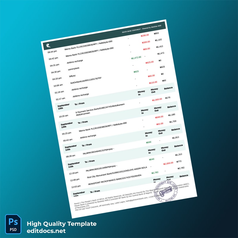 Nigeria Raven Bank Statement Template in Word and PDF formats page 2