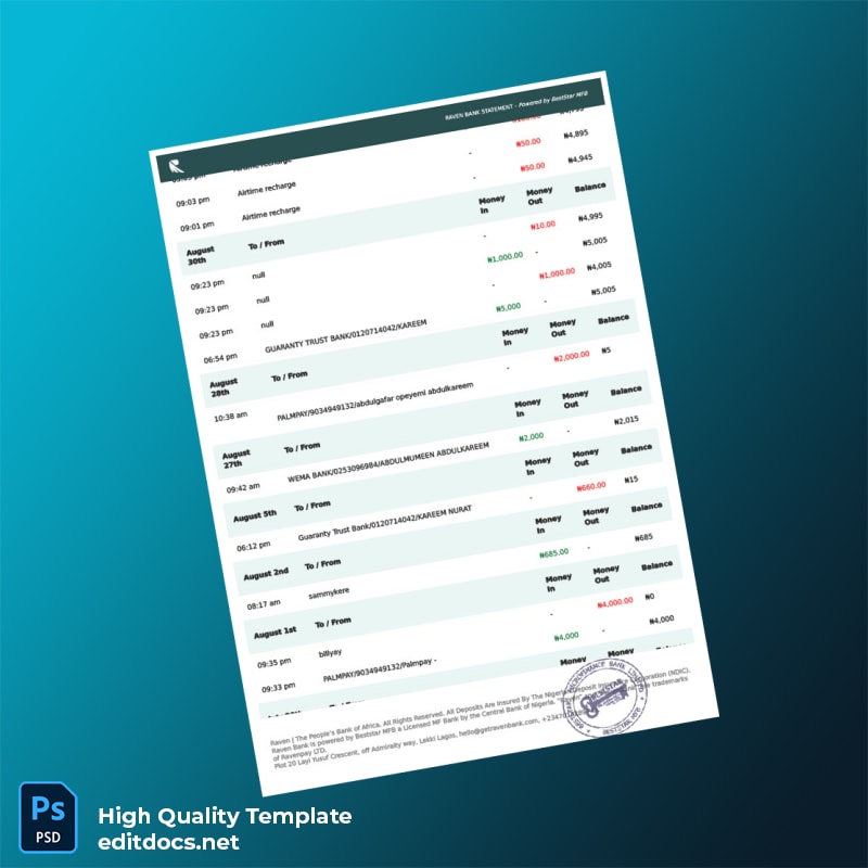 Nigeria Raven Bank Statement Template in Word and PDF formats page 4