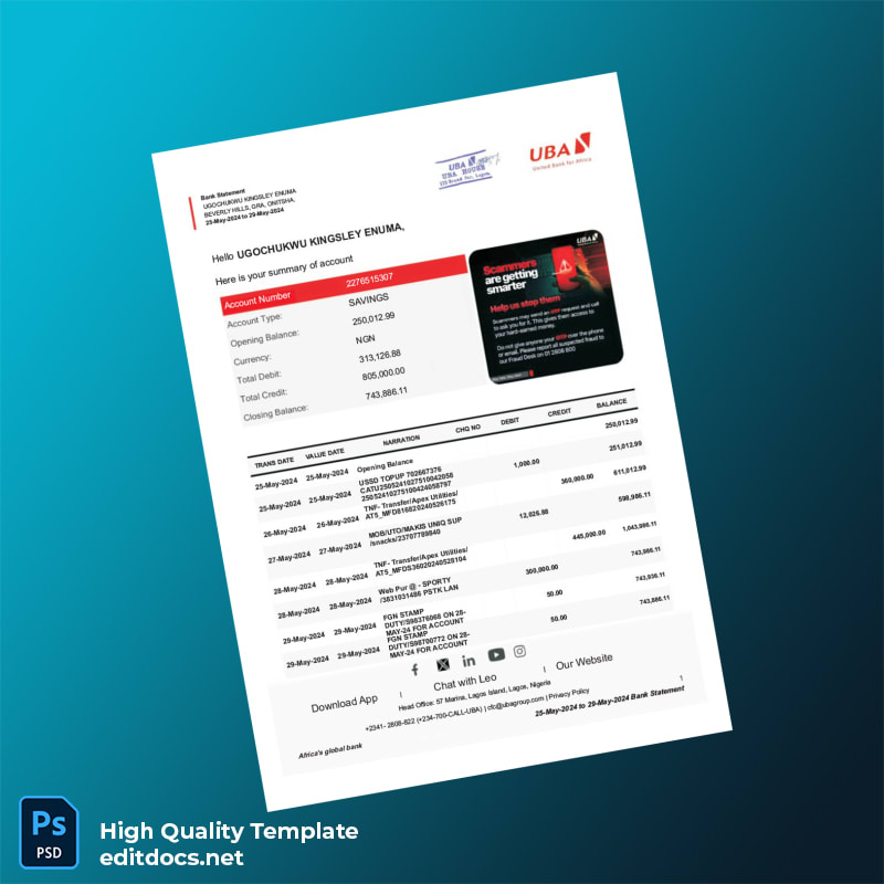 Nigeria UBA Bank Statement Template in Word and PDF formats