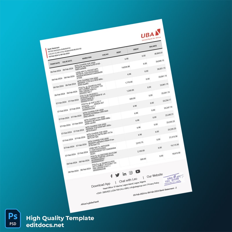 Nigeria UBA Group Bank Statement Template in Word and PDF formats page 2