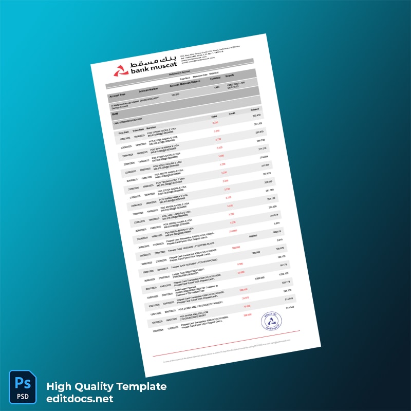 Oman Muscat Bank Statement Template in Word and PDF formats page 2