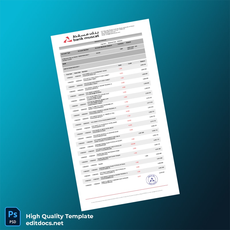 Oman Muscat Bank Statement Template in Word and PDF formats page 6