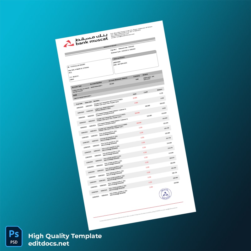 Oman Muscat Bank Statement Template in Word and PDF formats