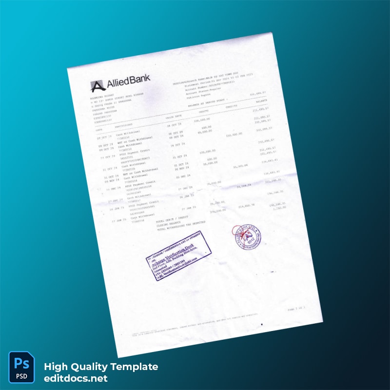 Pakistan Allied Bank Statement Template in Word and PDF formats page 2