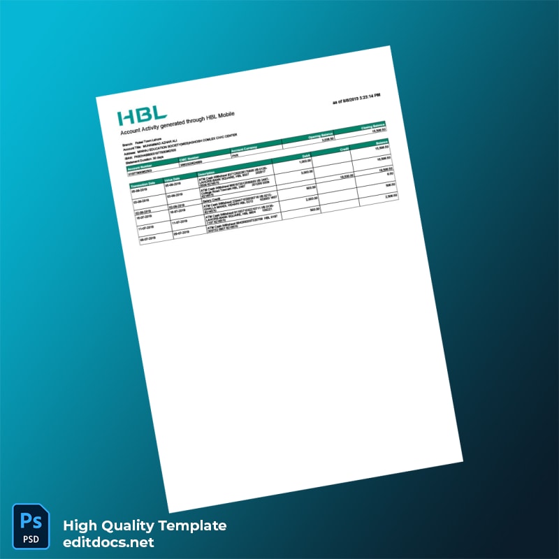 Pakistan HBL Account Statement Template in Word and PDF formats