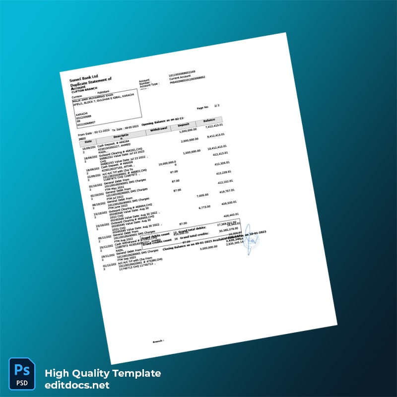 Pakistan Soneri Bank Statement Template in Word and PDF formats page 3