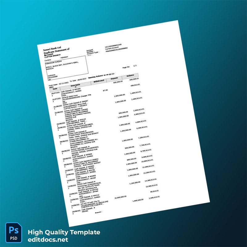 Pakistan Soneri Bank Statement Template in Word and PDF formats