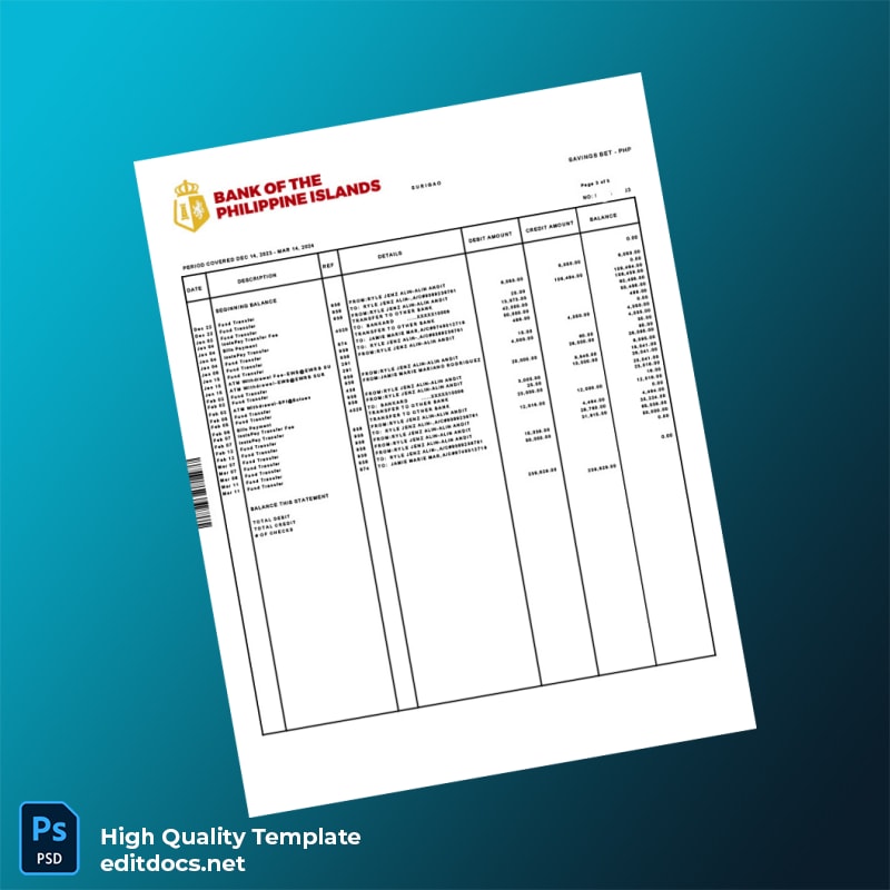 Philippines Bank Of The Philippine Islands Bank Statement Template in Word and PDF formats page 3