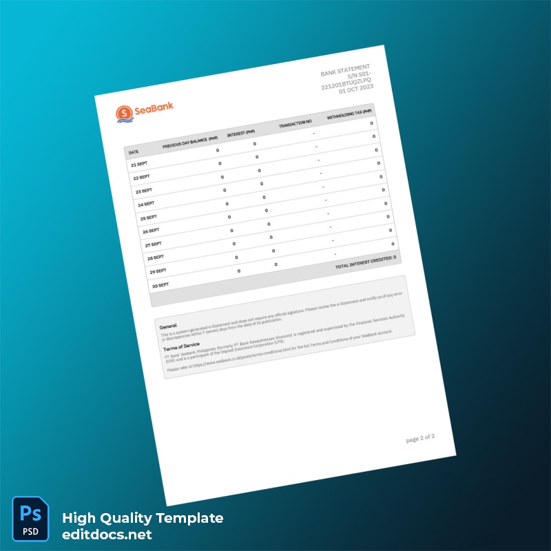 Philippines SeaBank Bank Statement Template in Word and PDF formats page 2