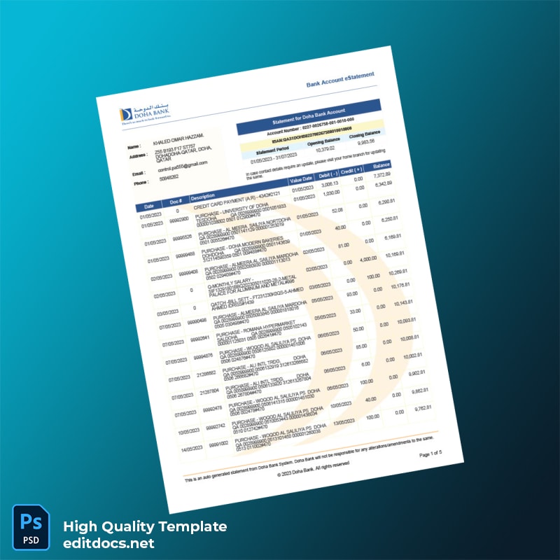 Qatar Doha Bank Statement Template in Word and PDF formats