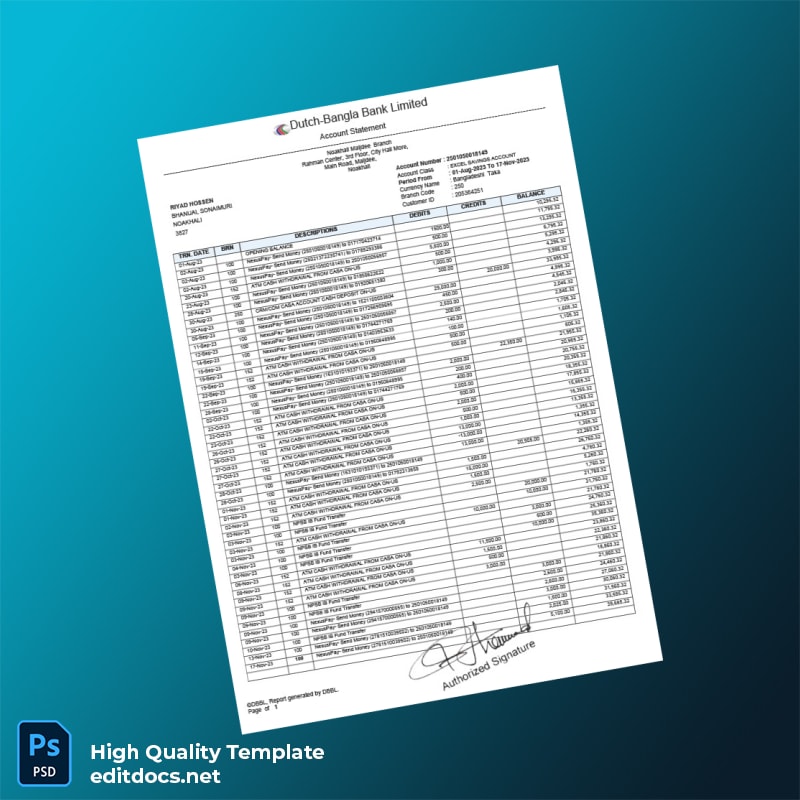 Saudi Arabia Dutch-Bangla Bank Account Statement Template in Word and PDF formats