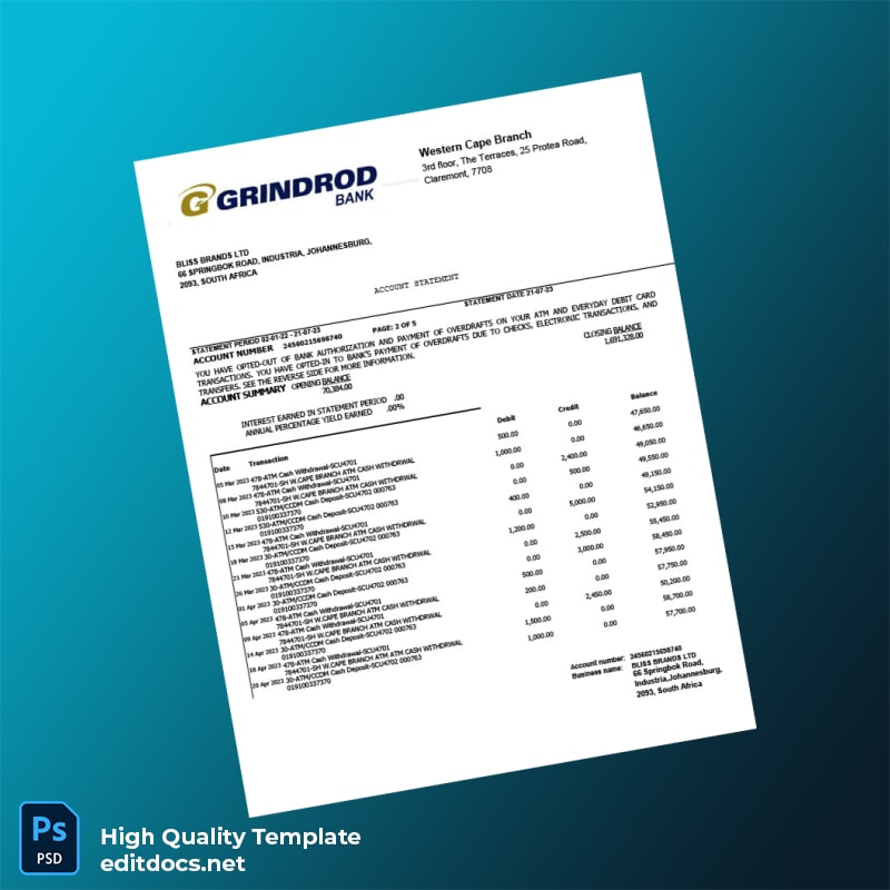 South Africa Bank Grindord Statement Template in Word and PDF formats page 2