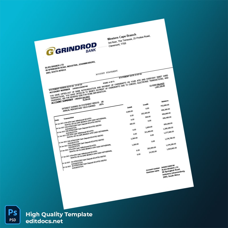 South Africa Bank Grindord Statement Template in Word and PDF formats page 4