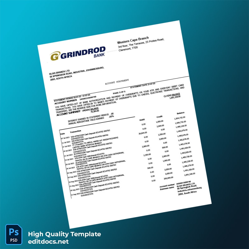 South Africa Bank Grindord Statement Template in Word and PDF formats page 5
