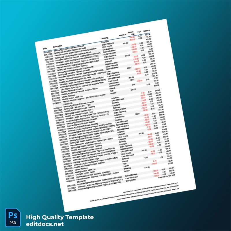 South Africa Crestina Bank Statement Template in Word and PDF formats page 3