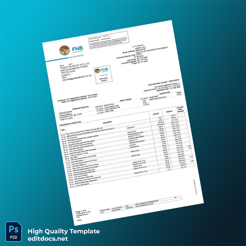 South Africa FNB Bank Statement Template in Word and PDF formats