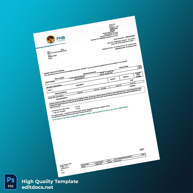 South Africa First National Bank Account Statement Template in Word and PDF formats
